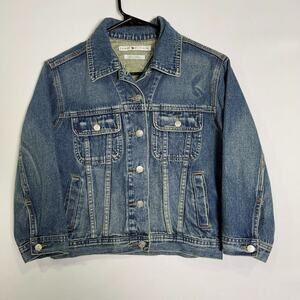 Vintage Tommy Hilfiger Jean Trucker Jacket Women Small Denim Blue Distressed Y2K